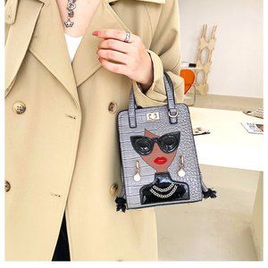 Women's Grey Vintage Style Crocodile Pattern Leather Square Handbag Size Small